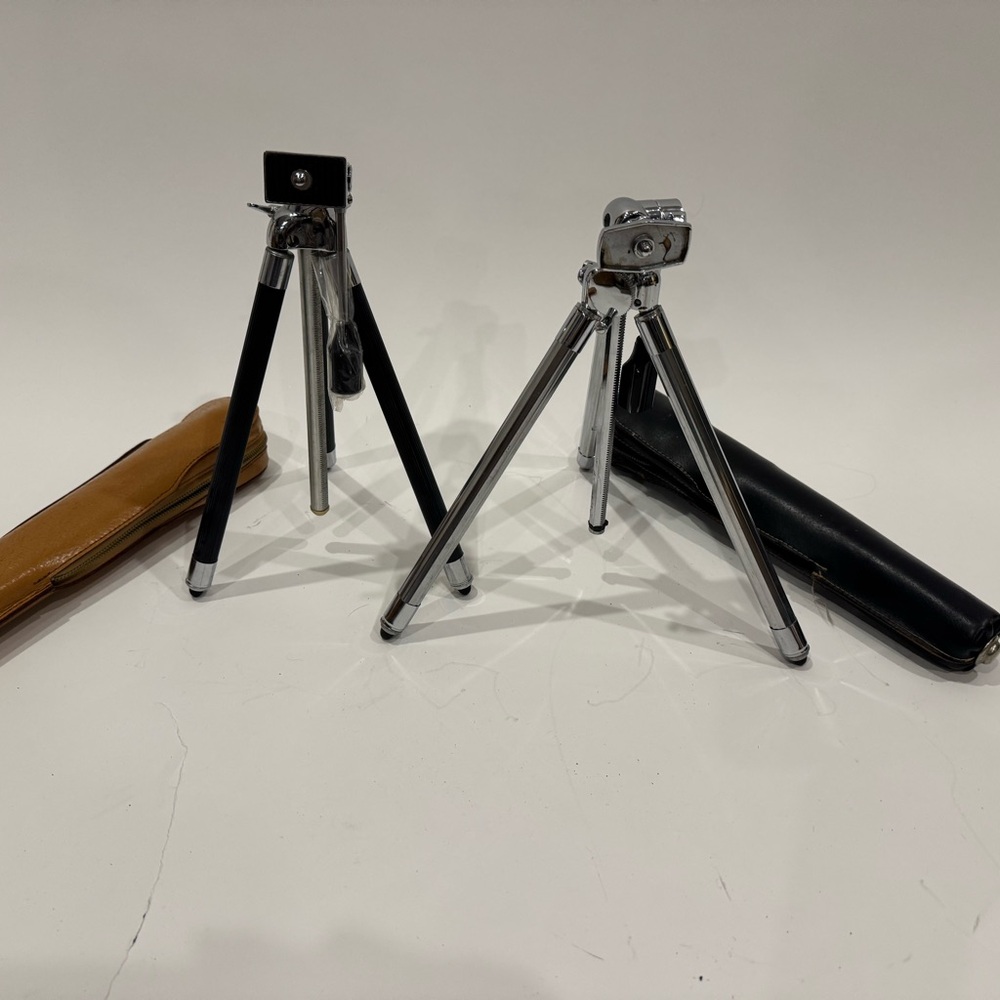 Vintage Compact Silver Sunset and Black Japan Made Tripod Set. With original bag